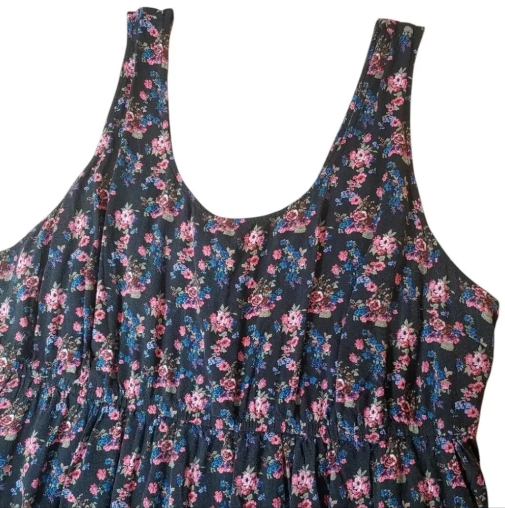 Torrid Challis Mini Dress Woman Plus 3X Hi Low Hem Scoop Neck Black Ditsy Floral